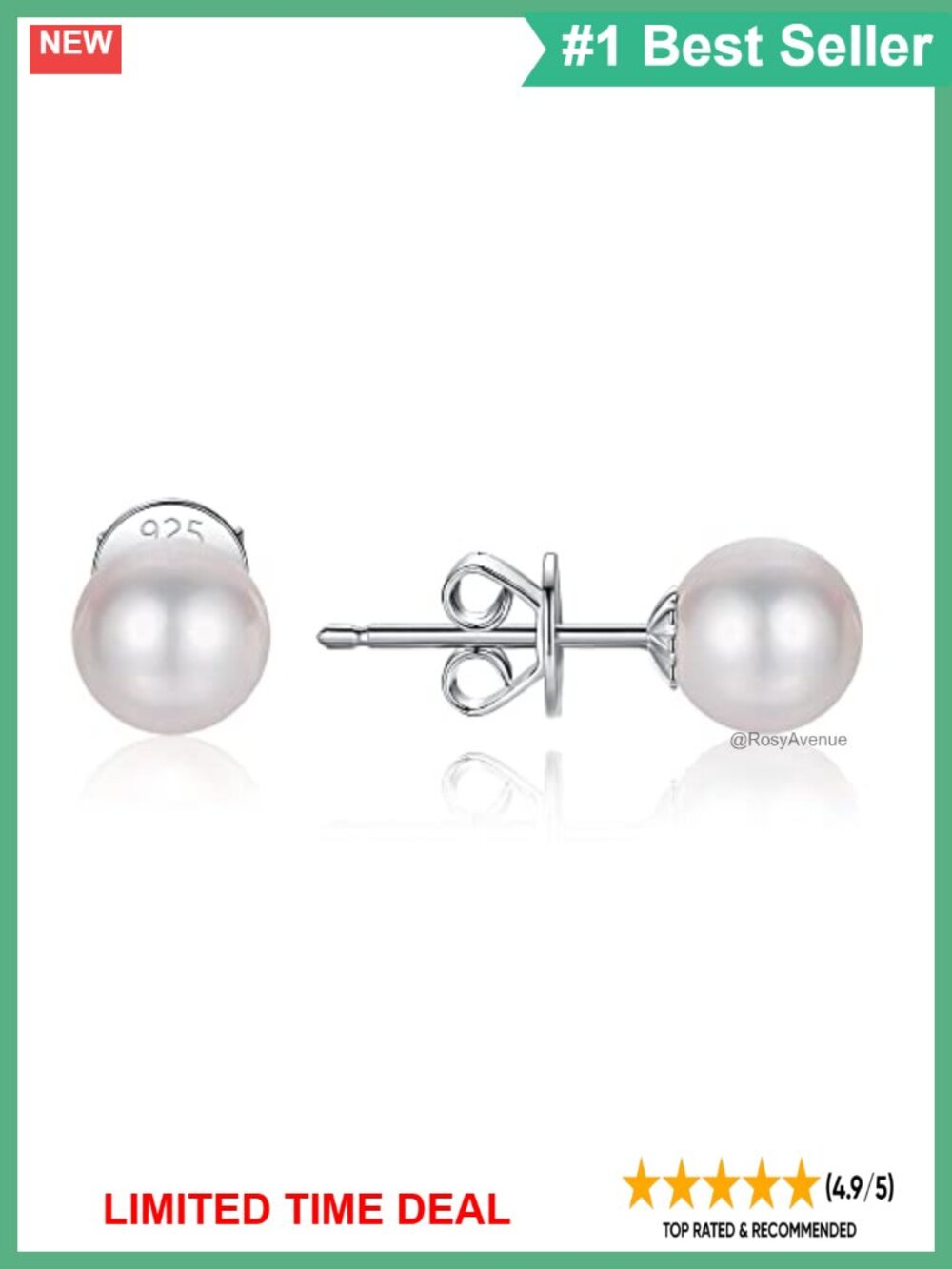 925 Sterling Silver Pearl Stud Earrings 6.5mm Freshwater Cultured